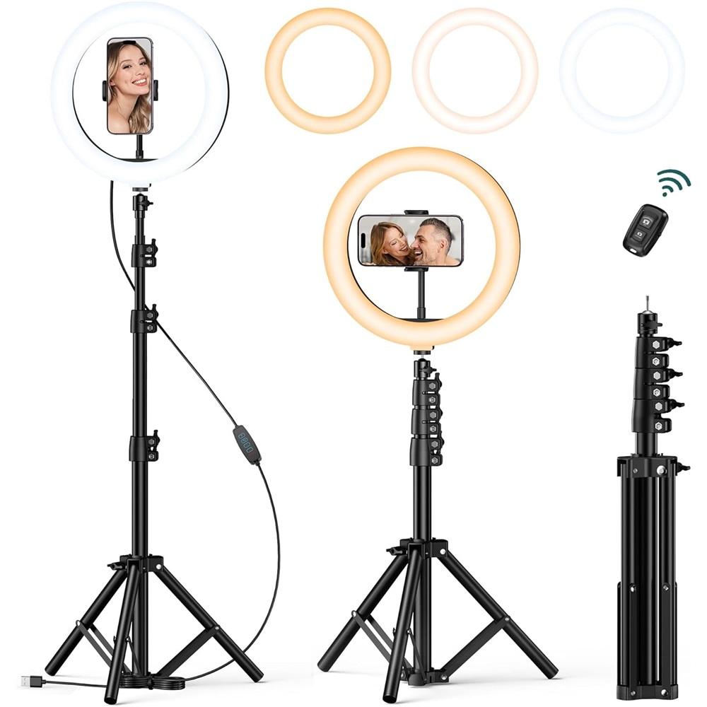 10-inch ring light with 55-inch tripod, dimmable LED selfie light, with phone holder and Bluetooth remote, 3 color modes and 10 brightness levels