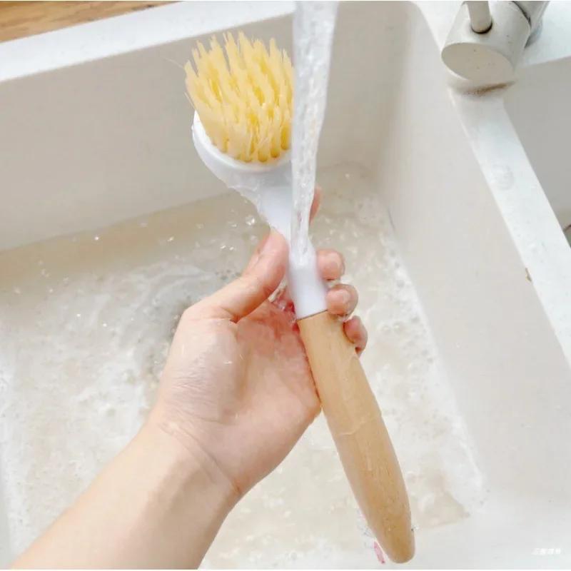 Wooden Handle Pot Washing Brush Multifunctional Long Handle Kitchen Cleaning Pot Brush Non Greasy Pot Dish Bowl Brush