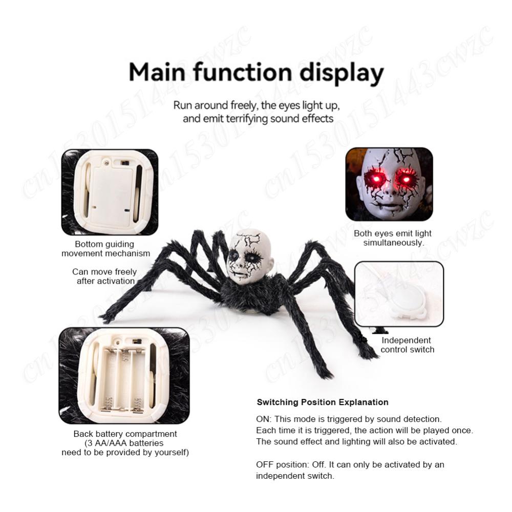 Halloween Scary Walking Spider w/Red Eyes Indoor Outdoor Ornament Sound Activated Horror Doll Face Spider Halloween Party Decor