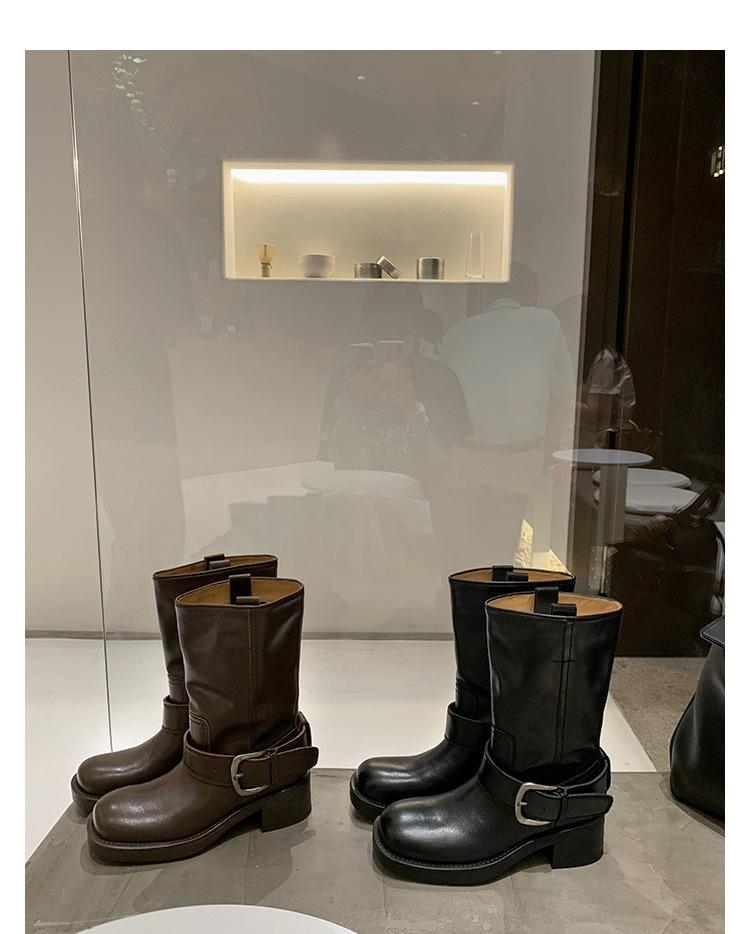 [sheii] Seoul boots~ retro side buckle thick heel medium tube western cowboy boots short boots women's locomotive boots