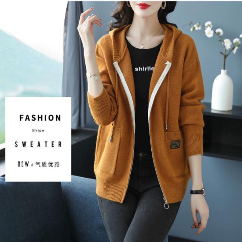 Hooded Cardigan Jacket for Women 2025 Spring and Autumn New Korean Style Casual Fashion Outerwear Zipper Sweater with Hood Knitted Sweater