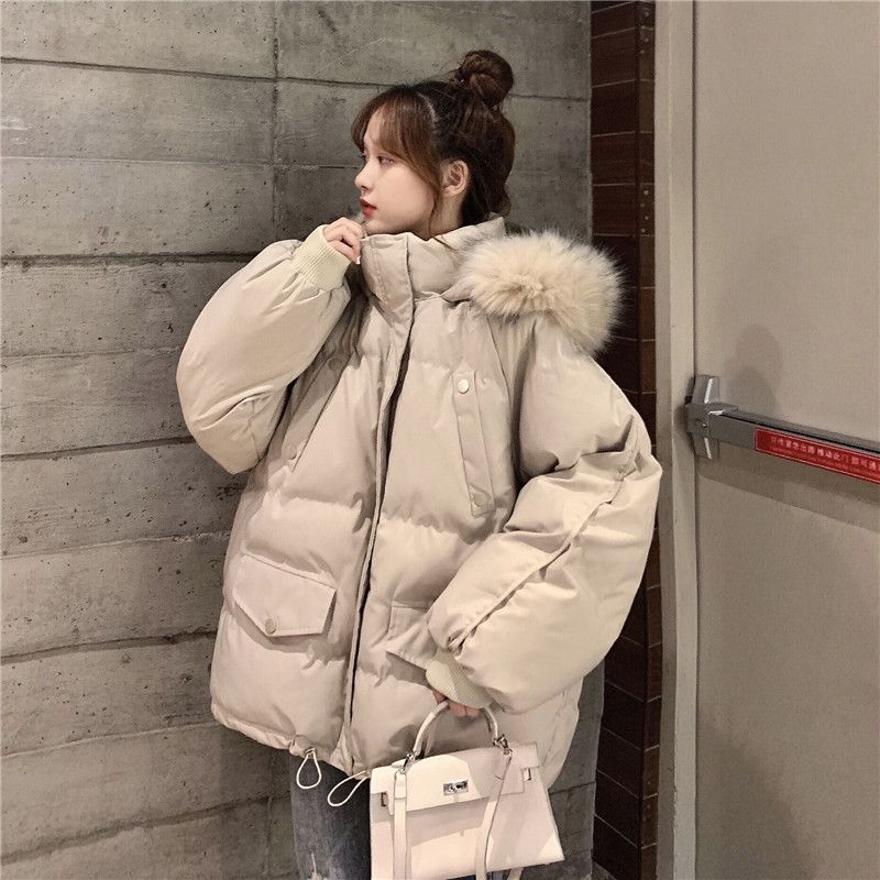 Hooded Cotton-padded Jacket for Women Short Winter Korean-style Loose and Thick Cotton-padded Jacket with A Large Fur Collar Trendy Coat