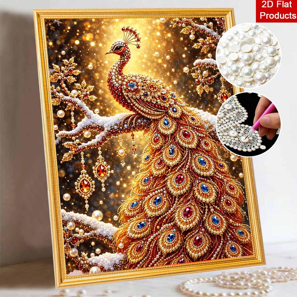 Sparkling Pearl Painting Kit with Frame Golden Peacock Bead Art Canvas Relaxing Craft Home Wall Decor Gift Set for DIY Art Wall Decoration Art
