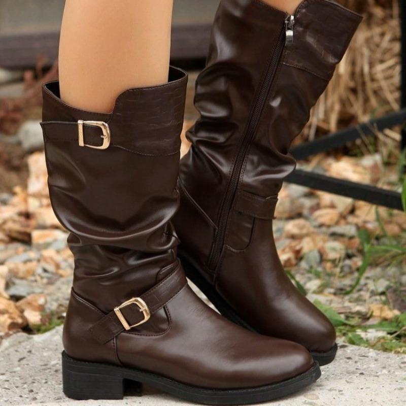 Fashion Black Chunky Heel Knight Boots Fashion and Versatile Soft Leather Mid-heel Mid-leg Boots
