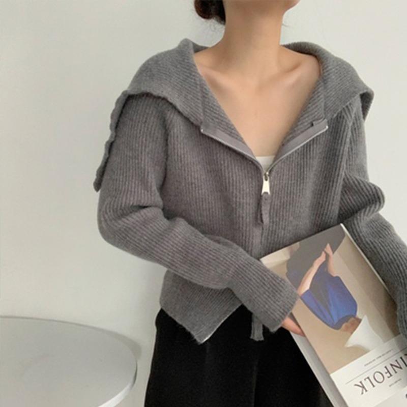 

Design sense niche lazy wind sweater jacket autumn and winter new large lapel age-reducing top knitted cardigan one size fits all серый