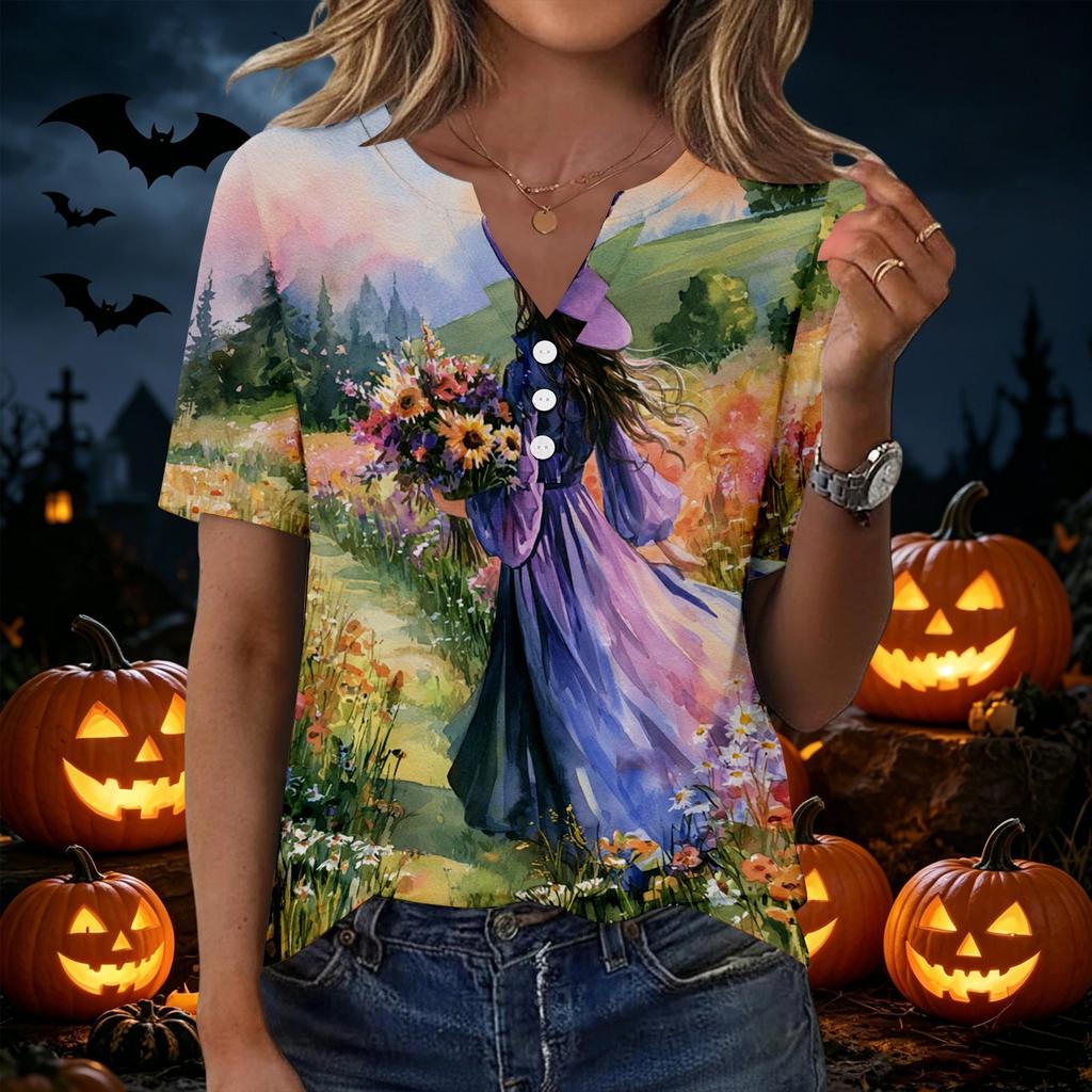 Women's Halloween V Neck Short Sleeve T-Shirt with Button Casual Top