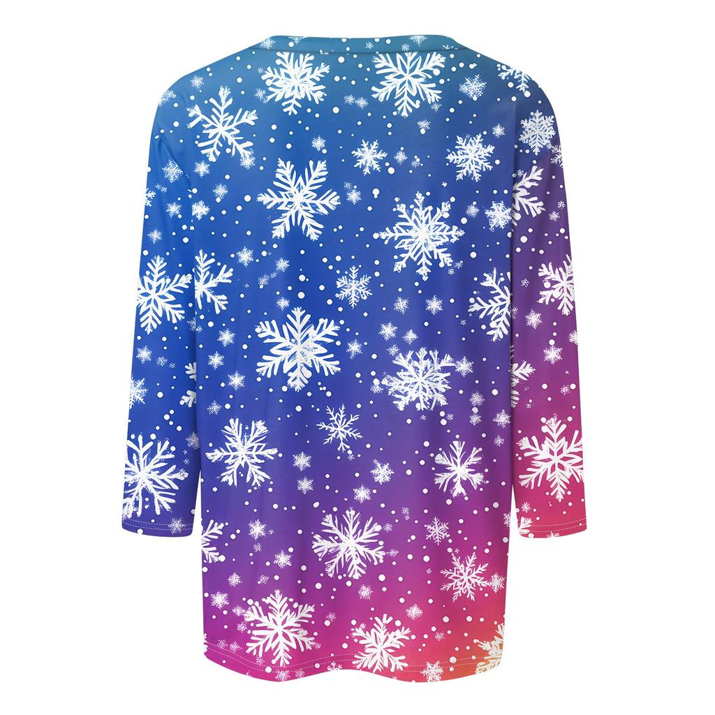 Women's Fashionable Casual Three Quarter Sleeve Christmas Printed Collar Pullover Top