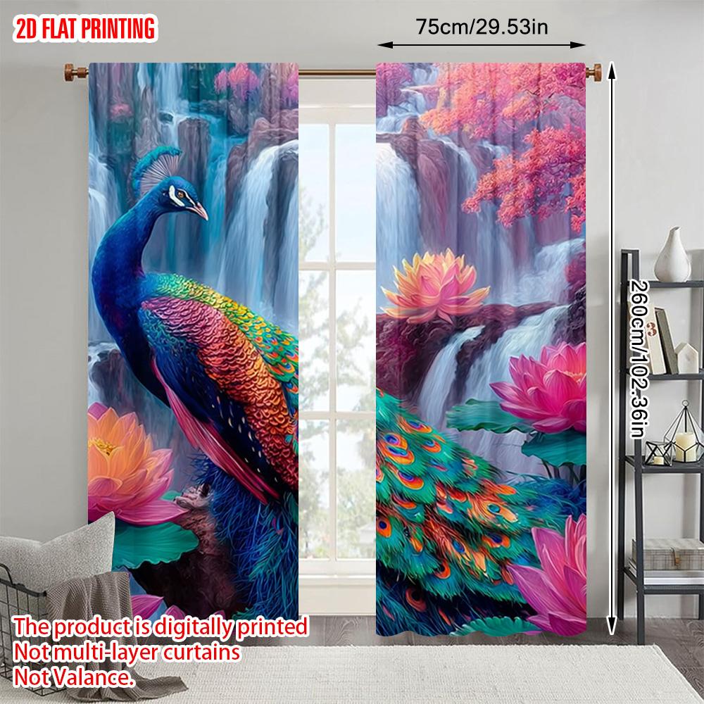 2pcs  2D Plane Printing Curtains Digital Printed Colorful Peacock Design Polyester Easy Install (without Rod) Decorations For