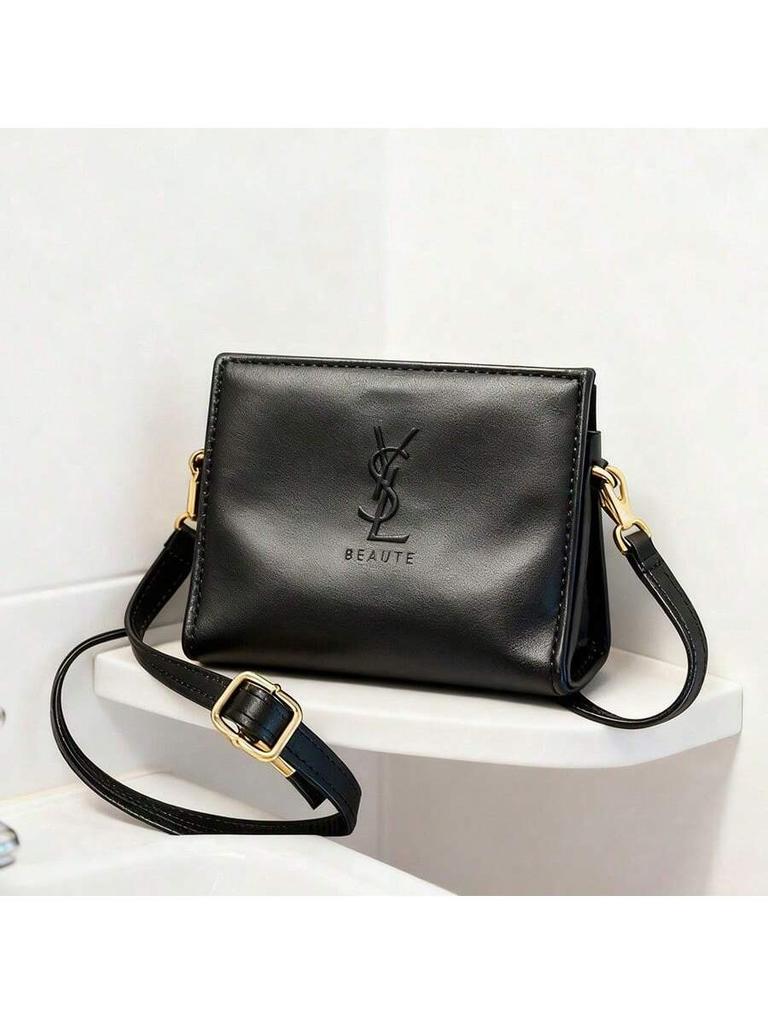YSL-Retro Minimalist Handmade DIY Black Square Bag (Embossed Logo), Light Luxury Textured Single Shoulder/Crossbody Bag