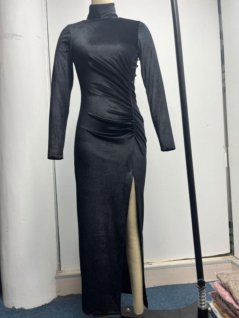 2023 European & American Style High Neck Velvet Long Dress with Slim Fit, Ruched Detailing & Slit - Autumn/Winter Women’s Fashion