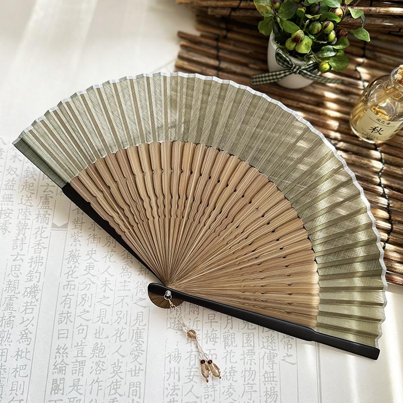 Folding Fan Women's Simple Blank Solid Elegant Retro Light Gray Green Light Coffee Dance Performance Props Hanfu Ancient Style