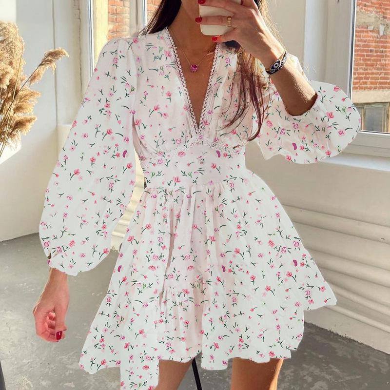 Elegant Sweet Floral V-neck Lace Short Dress - European & American Spring 2026 Collection