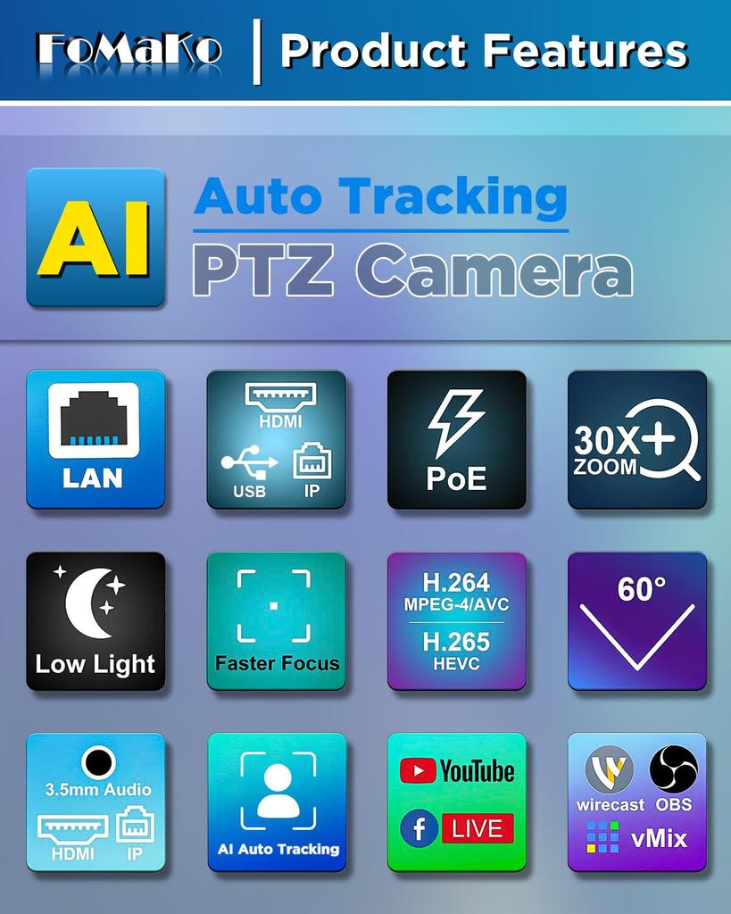 Cameră PTZ FoMaKo Zoom Optic 30x Ieșire Urmărire Automată AI Suport POE Cameră IP Eveniment Streaming Live Educație Spital Biserică Ședințe Grup Mare