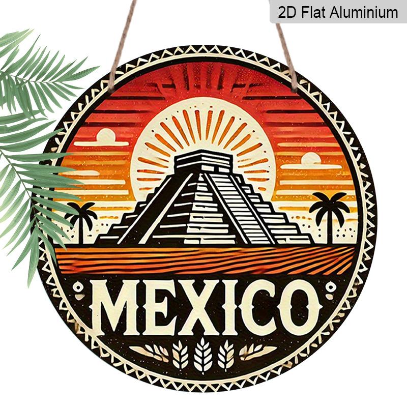 

2D Flat, 1pc Round Vintage Mexican Aluminum Wall Art Sign - Chichen Itza Pyramid Design with Mayan Calendar & Sombrero - Vibrant Red, Orange, Black 7.87x7.87inches