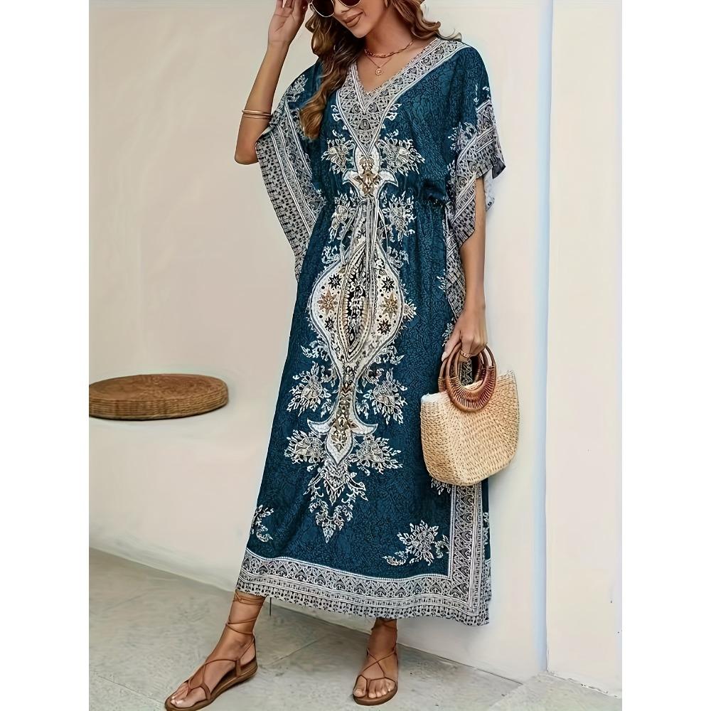 Women's V Neck Short Sleeve Maxi Dress Loose Fit Elastic Waist Bohemian Printed Beach Dress