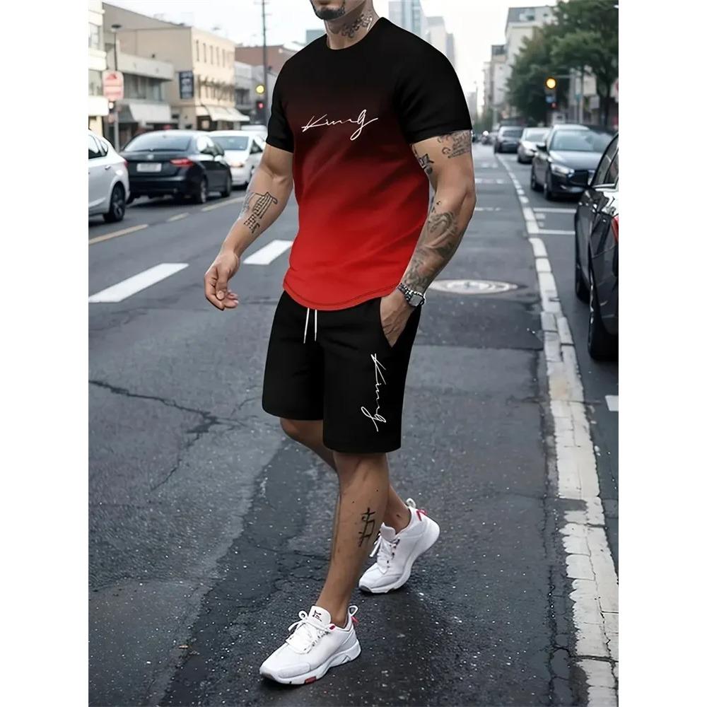 Summer Men's 3D Gradual Change Printed Sports Suit Fashionable Versatile Breathable Casual Trend