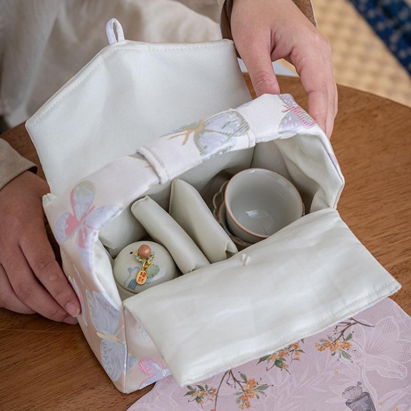 Brocade Embroidered Butterfly Tea Set Storage Bag Traditional Tea Cozy for Teapot Portable Travel Storage Bags Drinkware Teaware