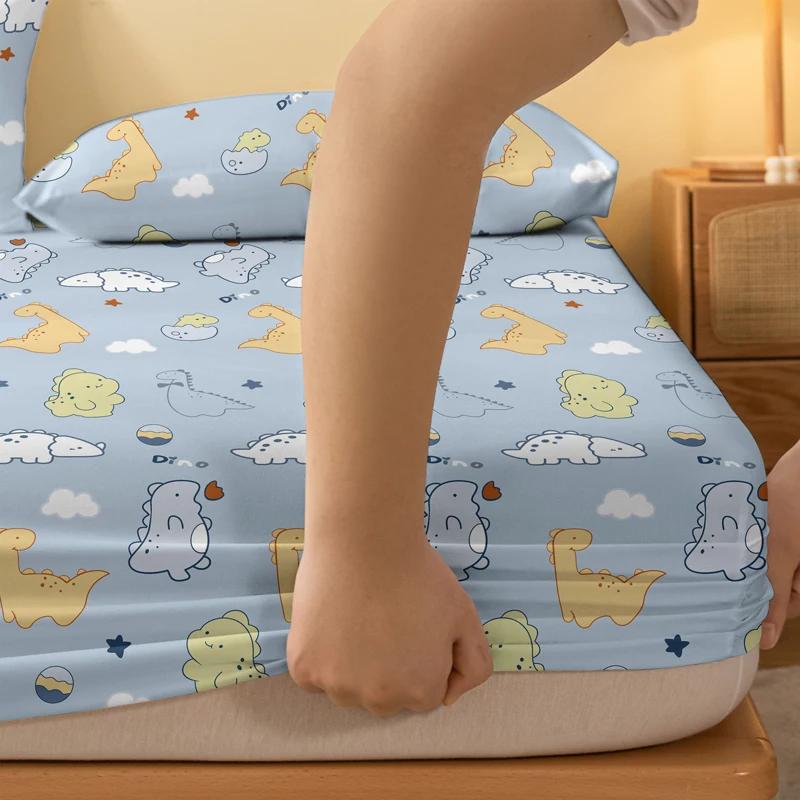 1 Cartoon Cute Animal Dinosaurs Printed Matte Fitted Sheet, Bedroom Printed Bed Cover, Bedding (Excluding Pillowcases)