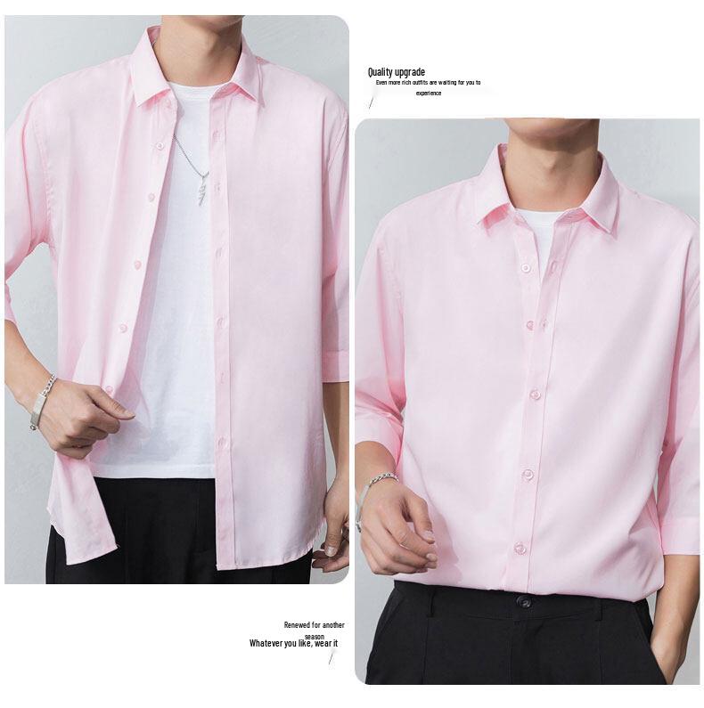 Men's Short-Sleeve Ice Silk Drape Shirt - Casual Loose-Fit, Solid Color, Trendy Summer Outerwear