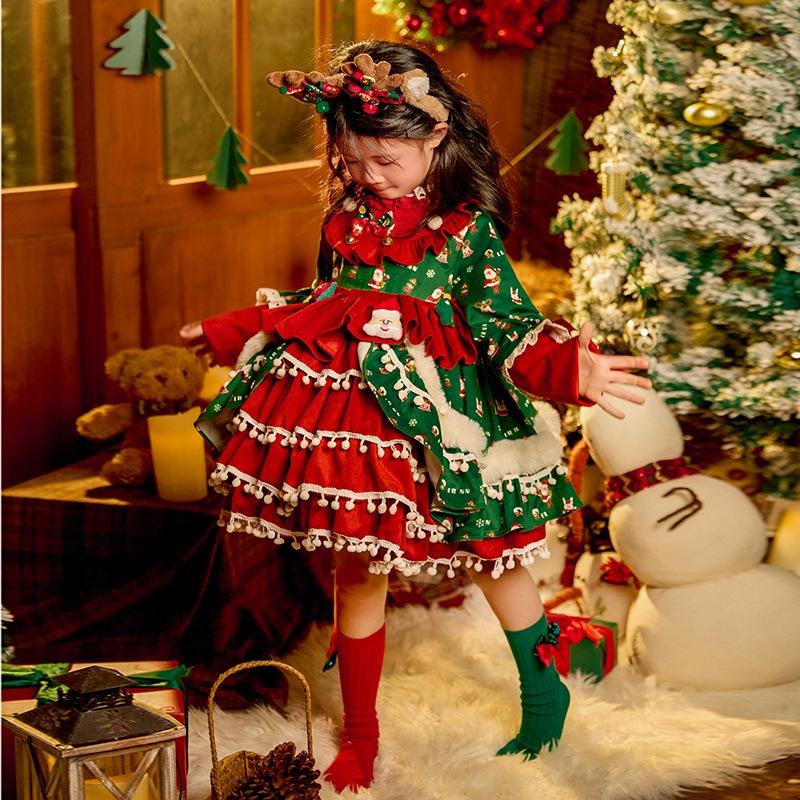Robe de Noël Automne Hiver pour Enfants Princesse Mignonne Élan Robe Lolita Pour Filles Fête de Vacances Cadeau Vêtements Avec Accessoires Chapeau 110cm red