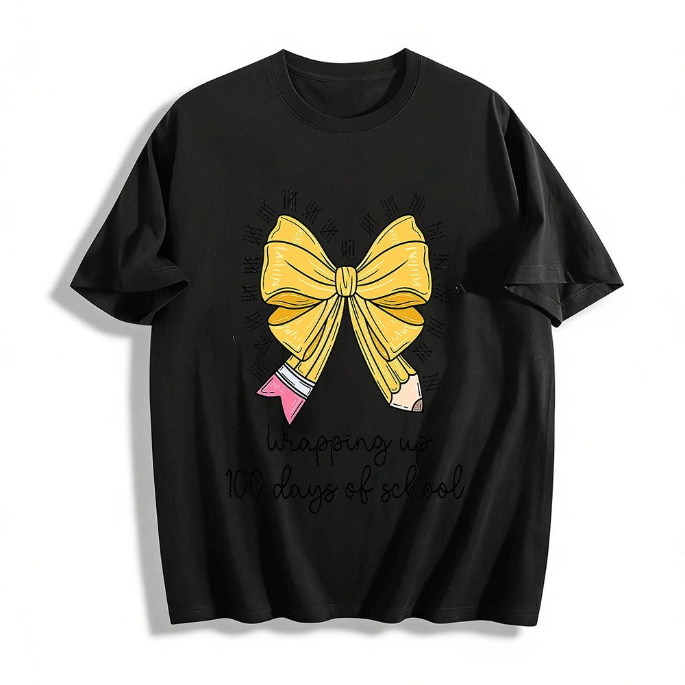 Wrapping Up 100 Days Of School Bow Pencil Print Top Pure cotton T-shirt XXS