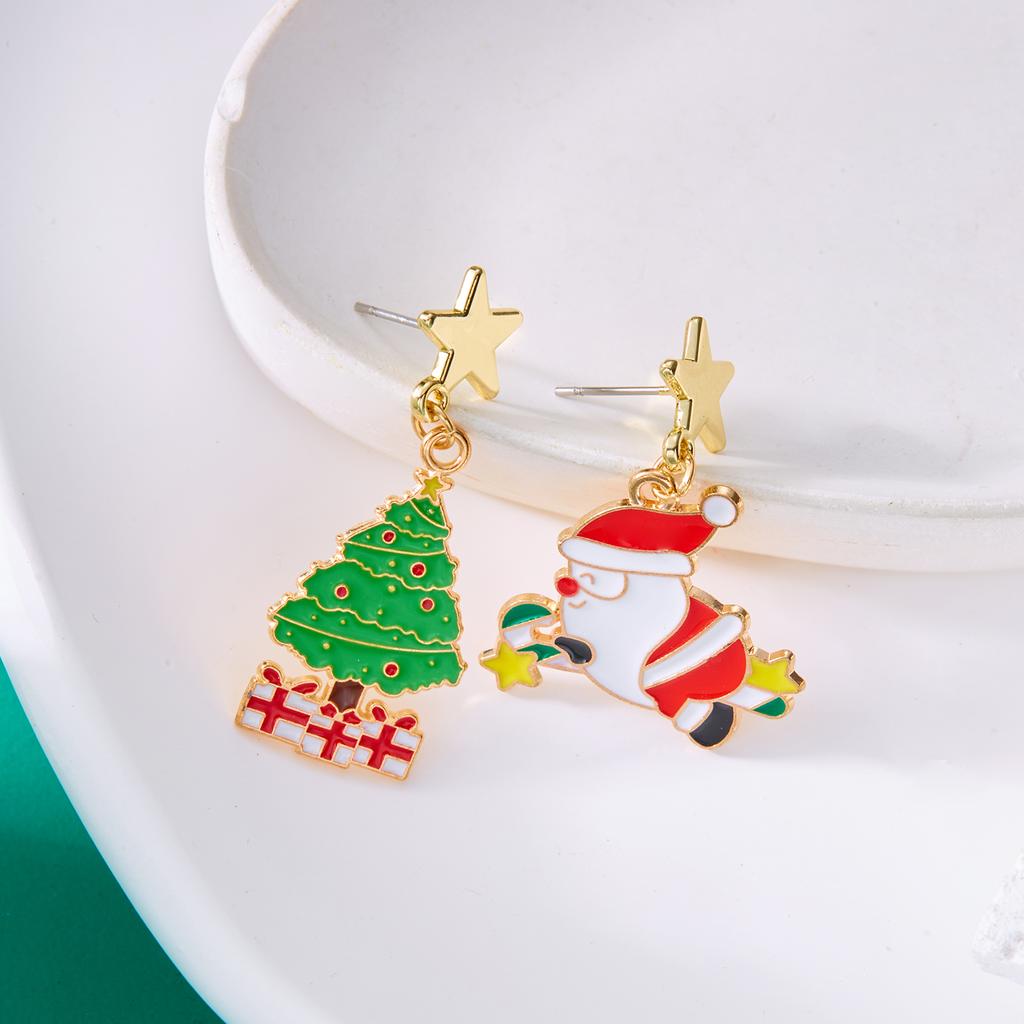 Climbing Santa Claus Tassel Stud Earrings for Women Sweet Star Christmas Tree Asymmetric Earring New Year Jewelry Gift