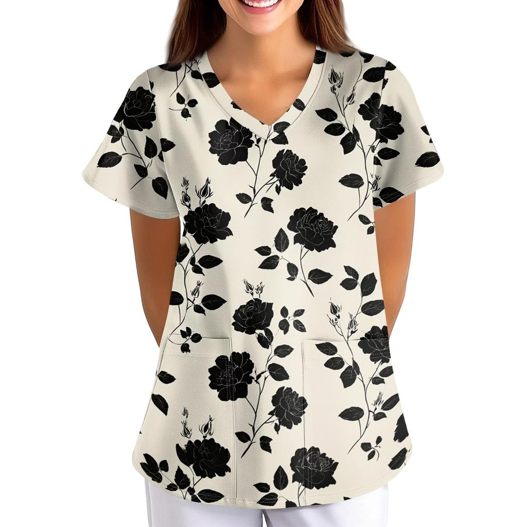 Loose Fit V Neck Pocket Short Sleeve Medical Scrub Top Floral Pattern Nurse Uniform Workwear for Healthcare Professionals