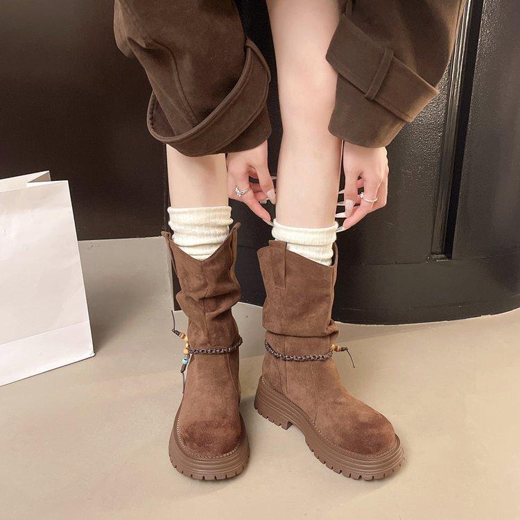 Thick-soled Stacking Boots Women's 2025 Autumn and Winter New Medium Tube Martin Boots Non-slip Small Western Boots Thick-soled Martin Boots