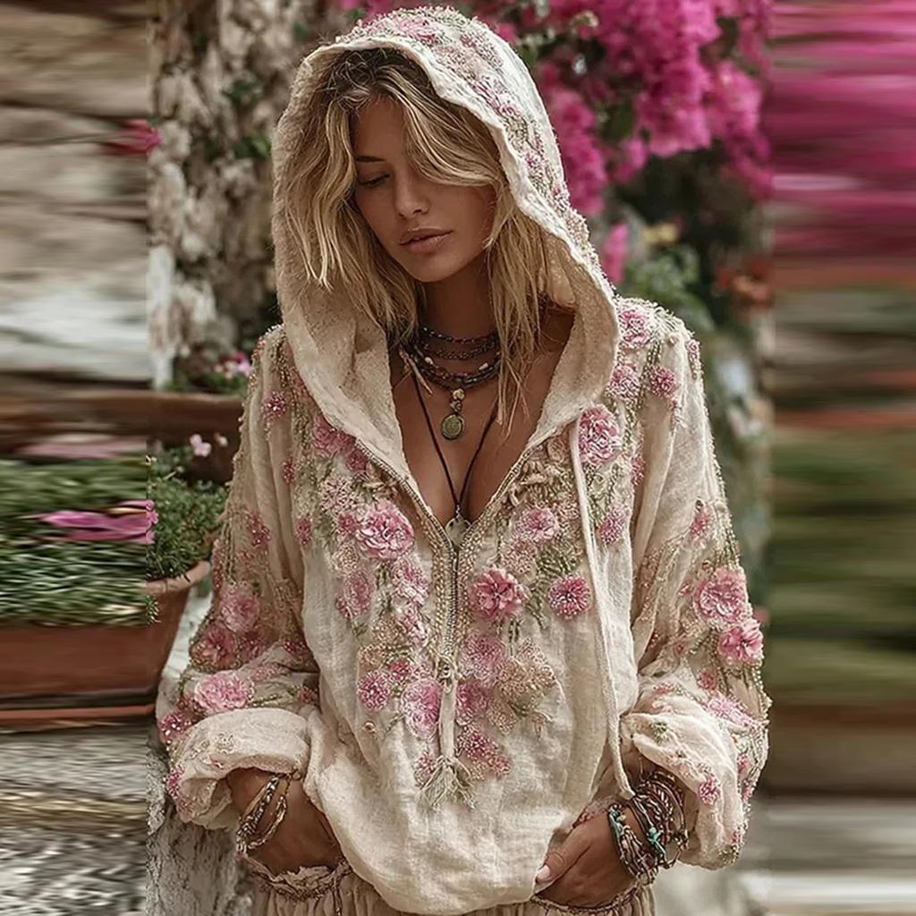 Damska Moda Bluza z Długim Rękawem z Kapturem w Stylu Vintage z Nadrukiem Kwiatowym Casualowa