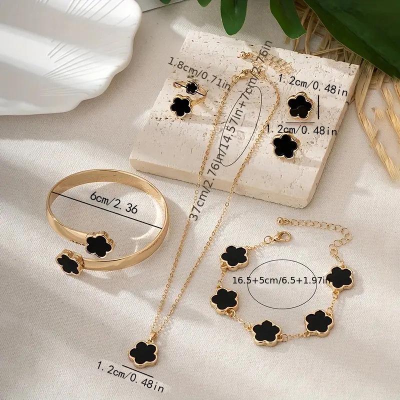 Temu Hot Selling Lucky Flower Jewelry Set: Acrylic Bracelet, Five-Leaf Clover Necklace, Ring, Earrings for Women