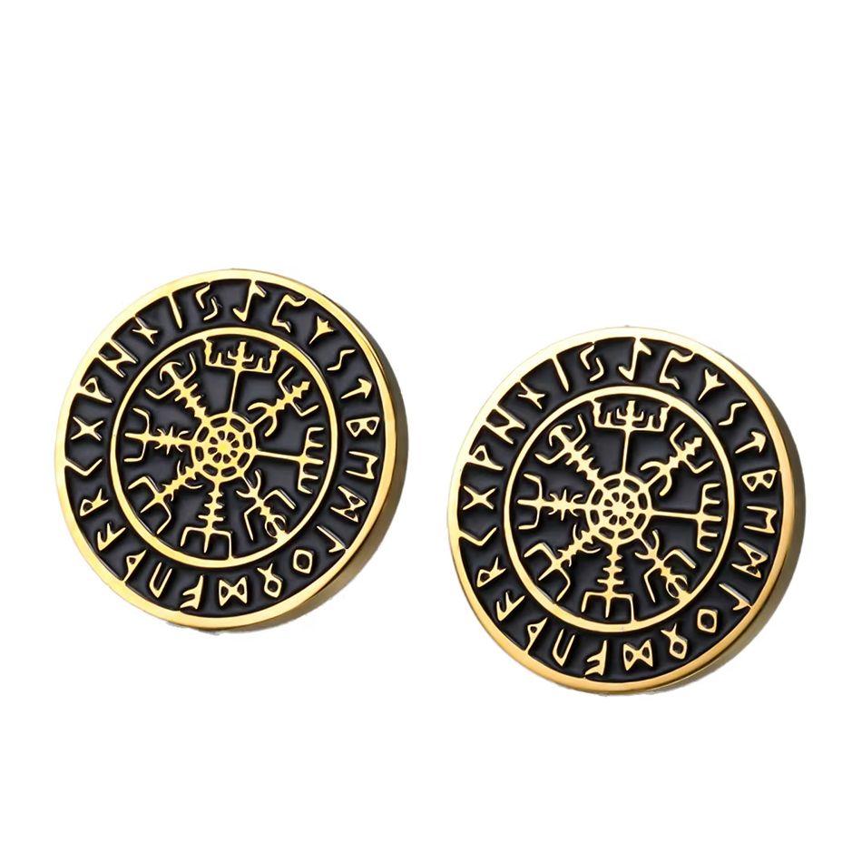 Dawapara Vegvisir Nordic Compass Stud Earrings Norse Mythology Protection Amulet Runes Stainless Steel Scandinavian Jewelry
