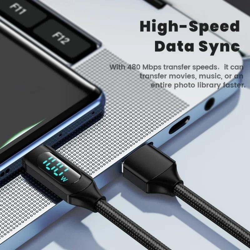120W USB A To Type C LED Digital Display Fast Charging Data Cable Nylon Braided USB Charge Cord Type C To Type C PD 6A USB Cord