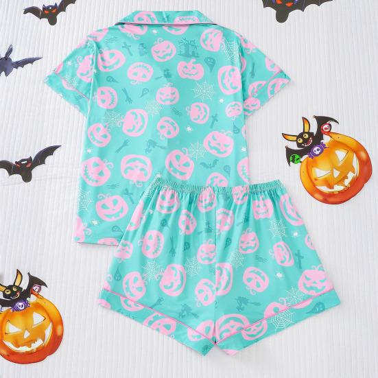 Halloween Women Pajamas Set Ghost Pumpkin Print Short Sleeve Button Down Shirts And Shorts Sleepwear Set 2 Piece Loungewear Pjs Short Set