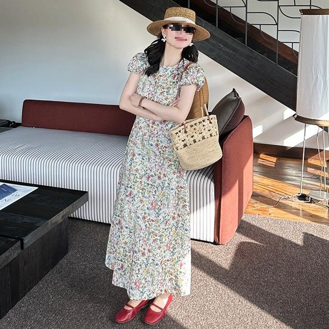 Summer Fashion Round Neck Floral Bubble Sleeve Dress High-end Femininity Waist A-word Long Dress Wholesale