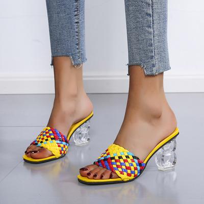Übergröße Damen Gewebtes Design High-Heel Hausschuhe Sommer Neu Dick Bunt Gewebt Anti-Rutsch Mode Offene Zehenpartie Hausschuhe.