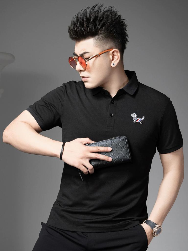 European Station 2025 Summer New Men's Business Casual Lapel T-Shirt Trendy Badge Short Sleeve Polo Shirt for Men