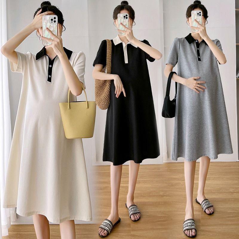 Maternity dress summer short-sleeve polo dress with turn-down collar short-sleeve maternity dress