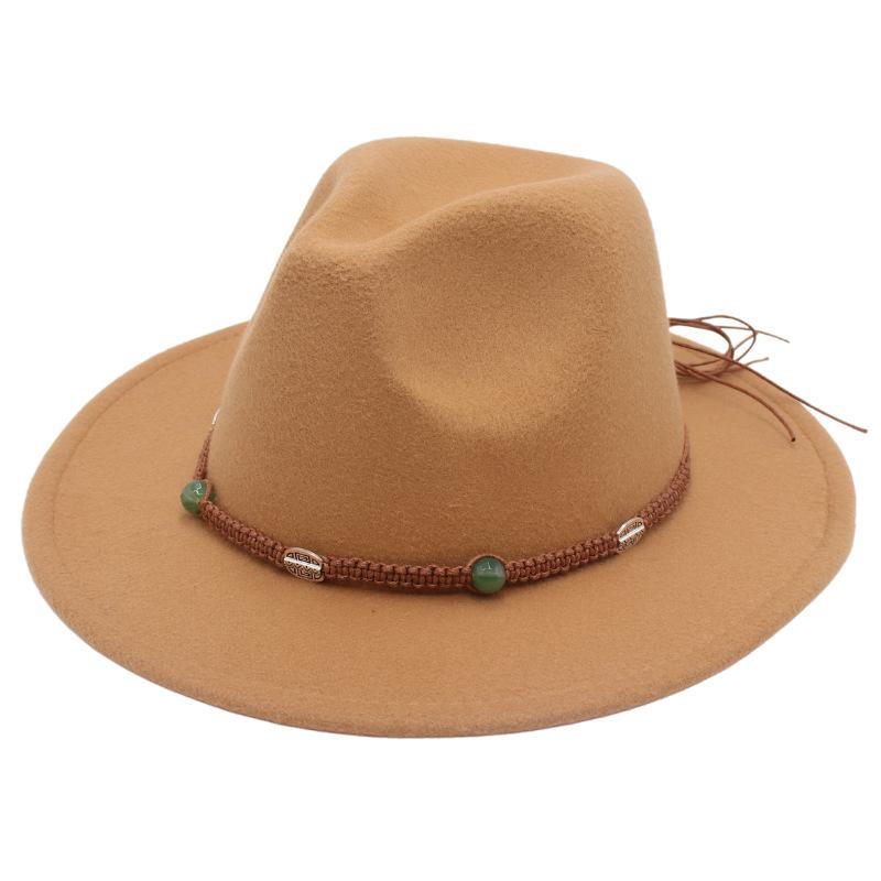 2023 New Top Hat Jade Accessories Woven Fleece Belt Foreign Trade Jazz Hat Big Eaves Show Small Face Big Head Circle Felt Hat