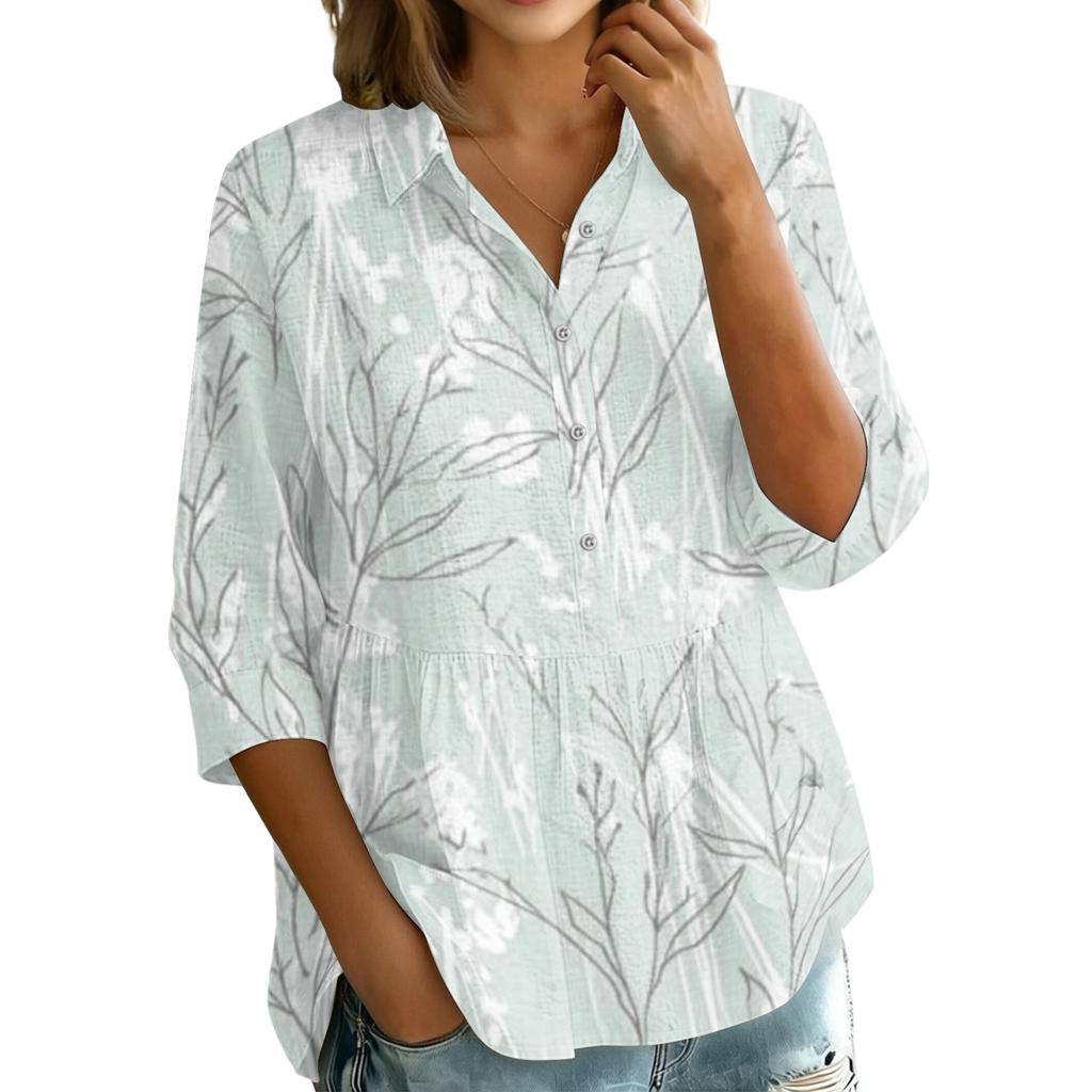 Womens Button Front Collar Shirt Floral Print Three Quarter Sleeve Loose Fit Casual Blouse Top for Everyday Wear