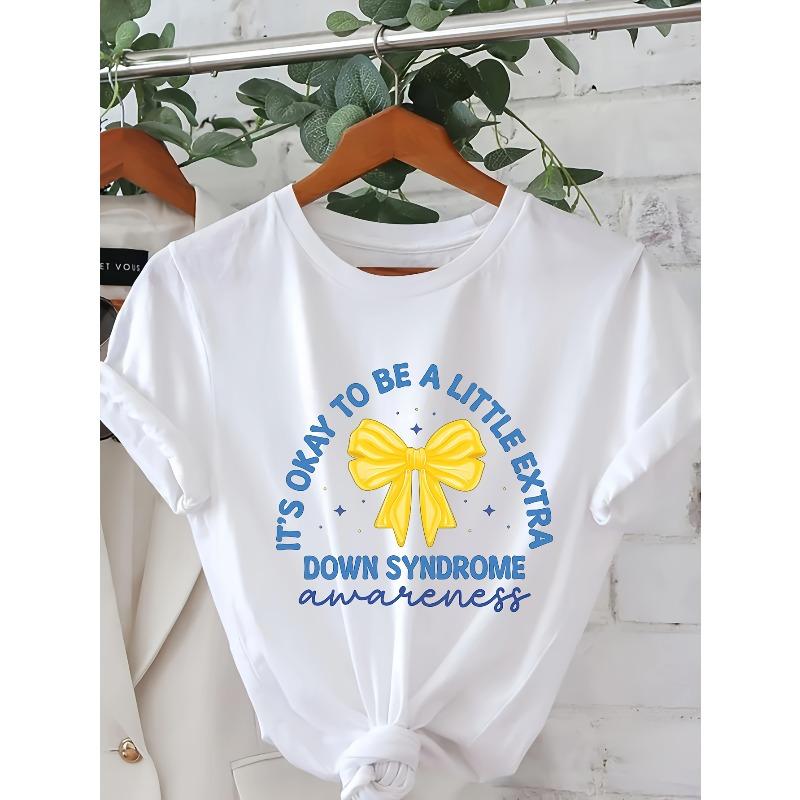

Syndrome Awareness Graphic Print T-shirt, Short Sleeve Crew Neck Casual Top for Summer & Spring, Women s Clothing S белый