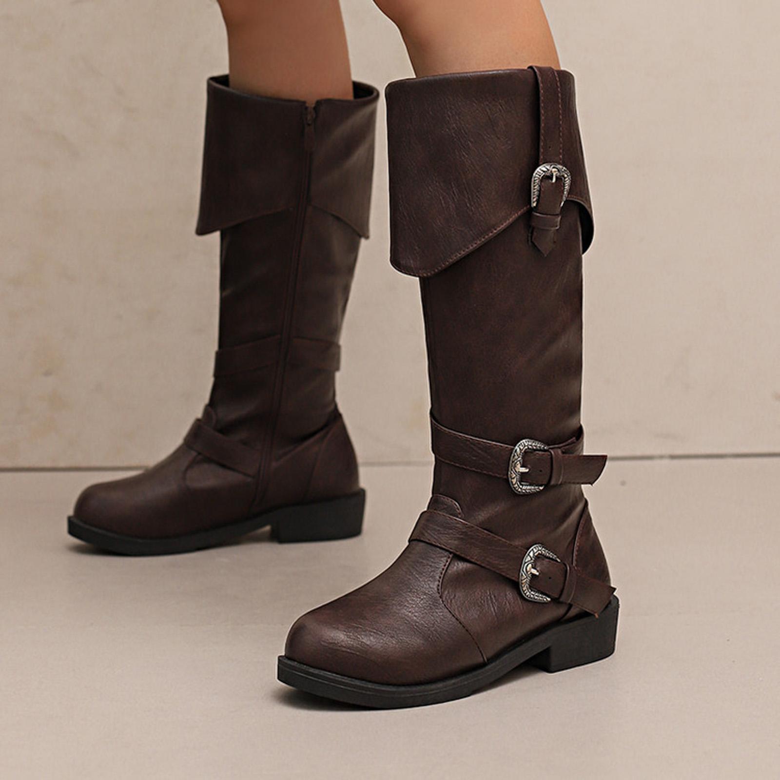 Women s Retro British Boots With Belt Low Heel High Boots Leather Boots Casual Mid Calf Boots Womens Mid Calf Socks 36 кофейный