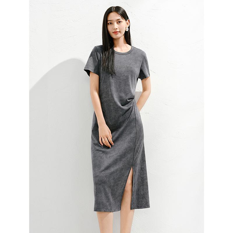 Jiuzi Anna Kou American Casual Age Reducing Hot Stamping Diamond Waist Slimming Loose Dress for Women 2025 Summer New Style