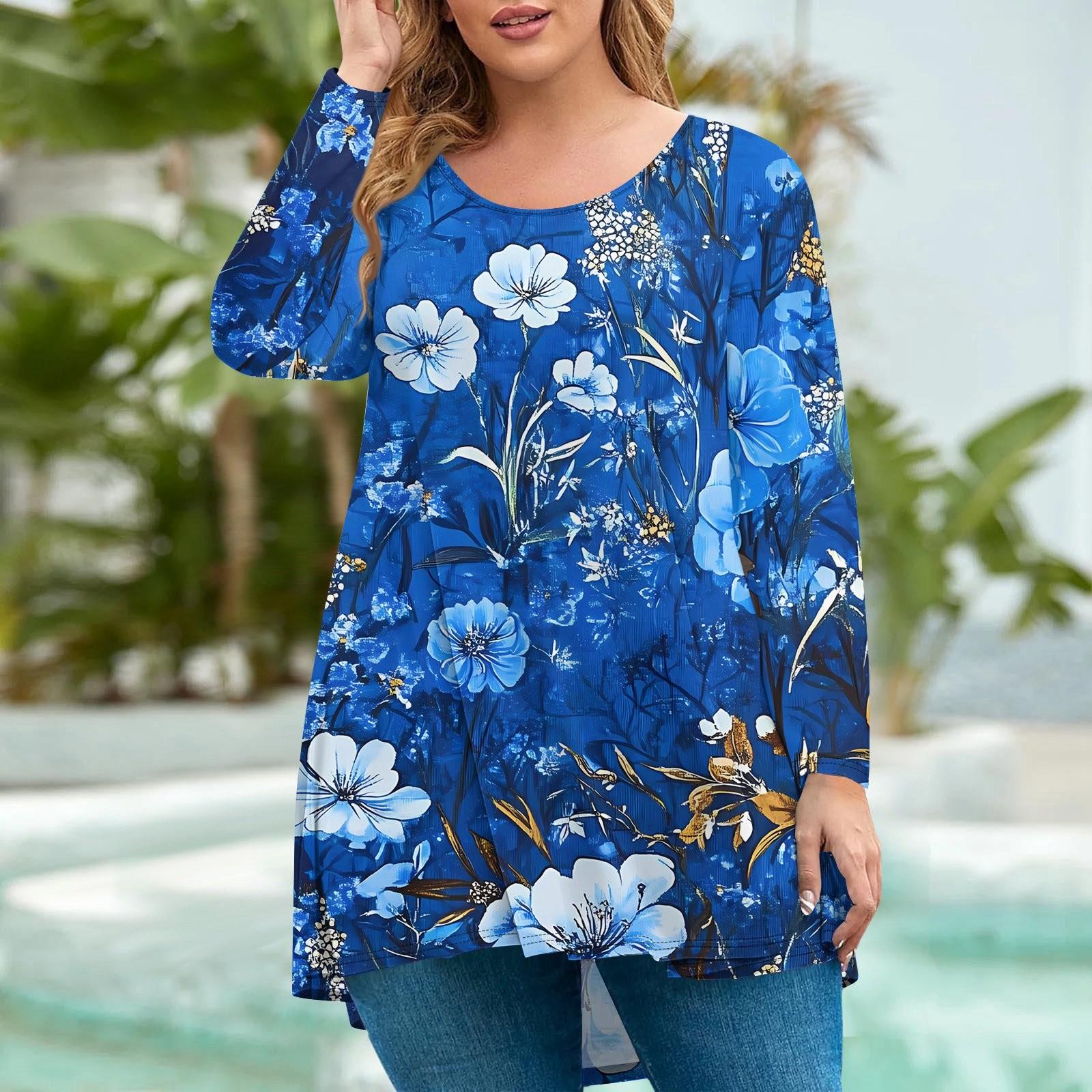 

Женская мода большого размера с круглым вырезом и длинным рукавом, повседневный свободный пуловер с принтом XXXXXL синий