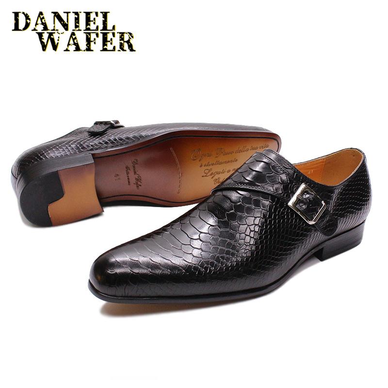 Fashion Luxury Men's Loafers Genuine Leather Snake Skin Prints Monk Strap Slip on comfortable Casual Formal Dress Office Shoes for Men