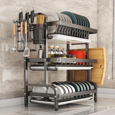 Kitchen Dish Rack Household Multi-Storey Bowls and Chopsticks Storage Cupboard Stainless Steel Drain Vintage Style Organizer Shelf