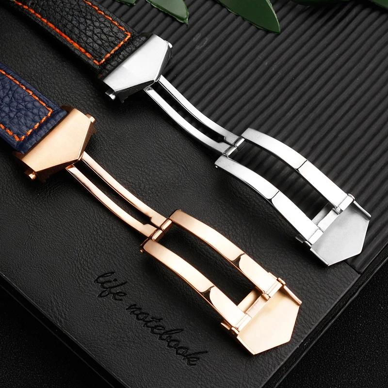 For TagHeuer Genuine Leather Solid Stainless Steel Fold Buckle Monaco Series Classic Blue Orange Line Cowhide 22mm Watch Strap