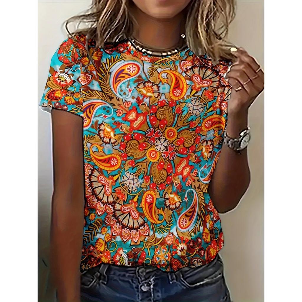Summer Fashion Ladies T Shirt Beautiful Floral Pattern Printed Tee Round Neck Short Sleeve Regular Tops Women's T-Shirt