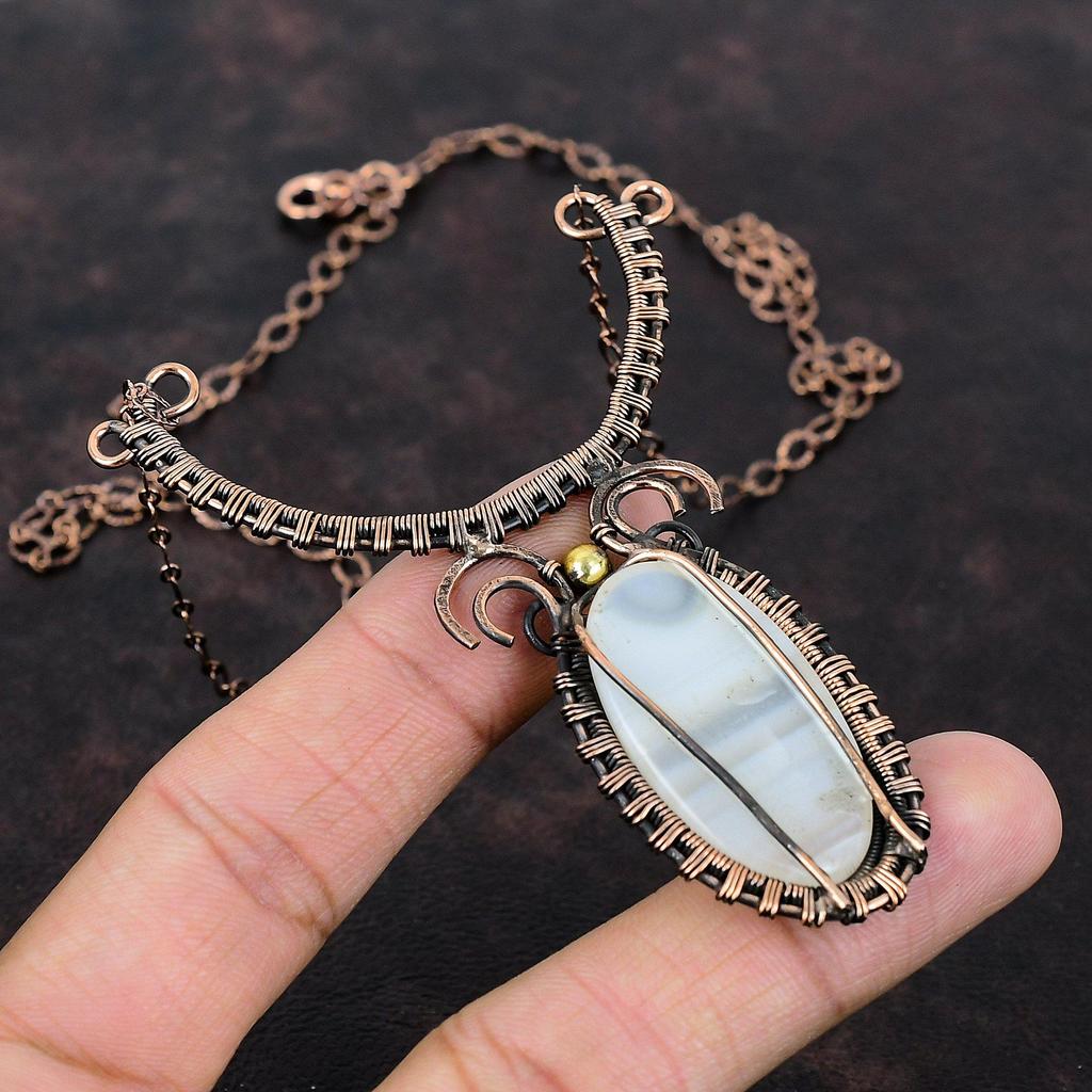 Botswana Agate Necklace Copper Wire Wrapped Necklace Handmade Jewelry Designer Necklace Adjustable Gemstone Necklace Copper Jewelry For Gift