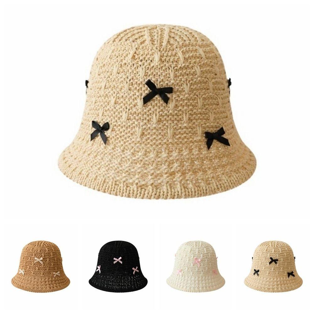 Solid Color Summer Sun Hat Weave Bow Bucket Hat Casual Sunscreen Visor Cap Hiking
