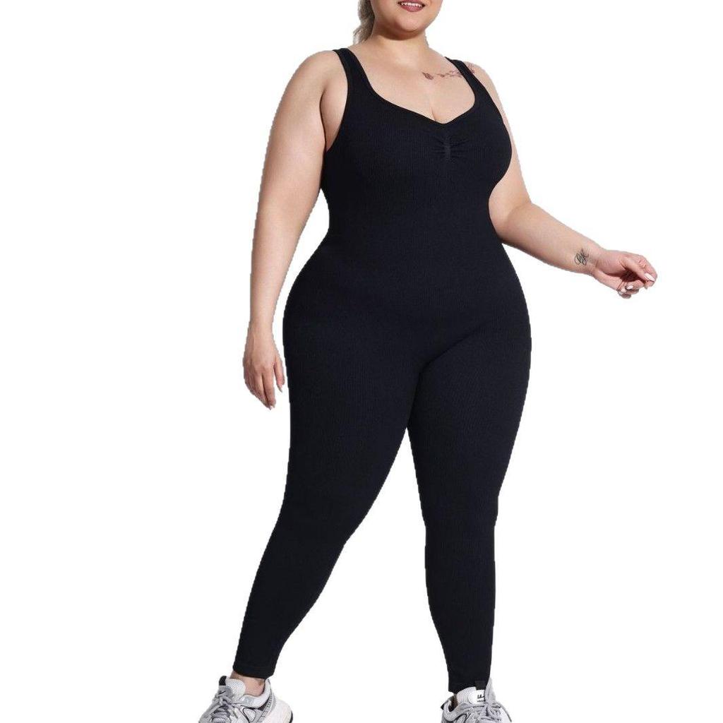 Plus Size Ribbed Backless Jumpsuit: Double Shoulder Strap, Body Shaping, Seamless Hip Lifting Yoga Wear